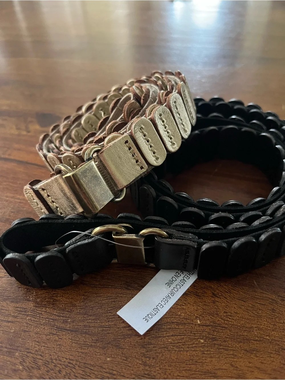 Anthropologie Tabitha Stretch Leather Belt Set | Black & Metallic Gold | 2X/3X
